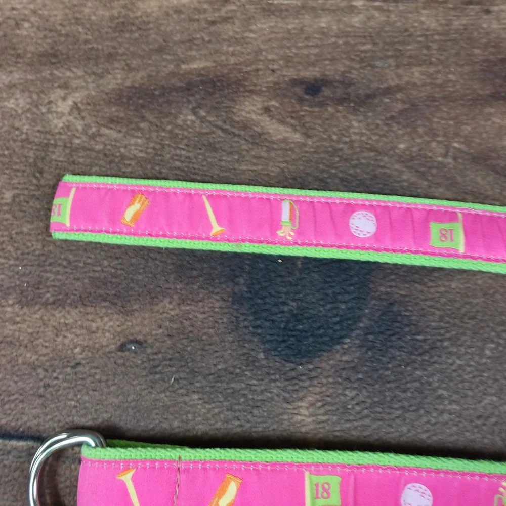 Douglas Paquette Golf D-Ring Belt Womens M Pink Green Good Preppy Canvas Ribbon